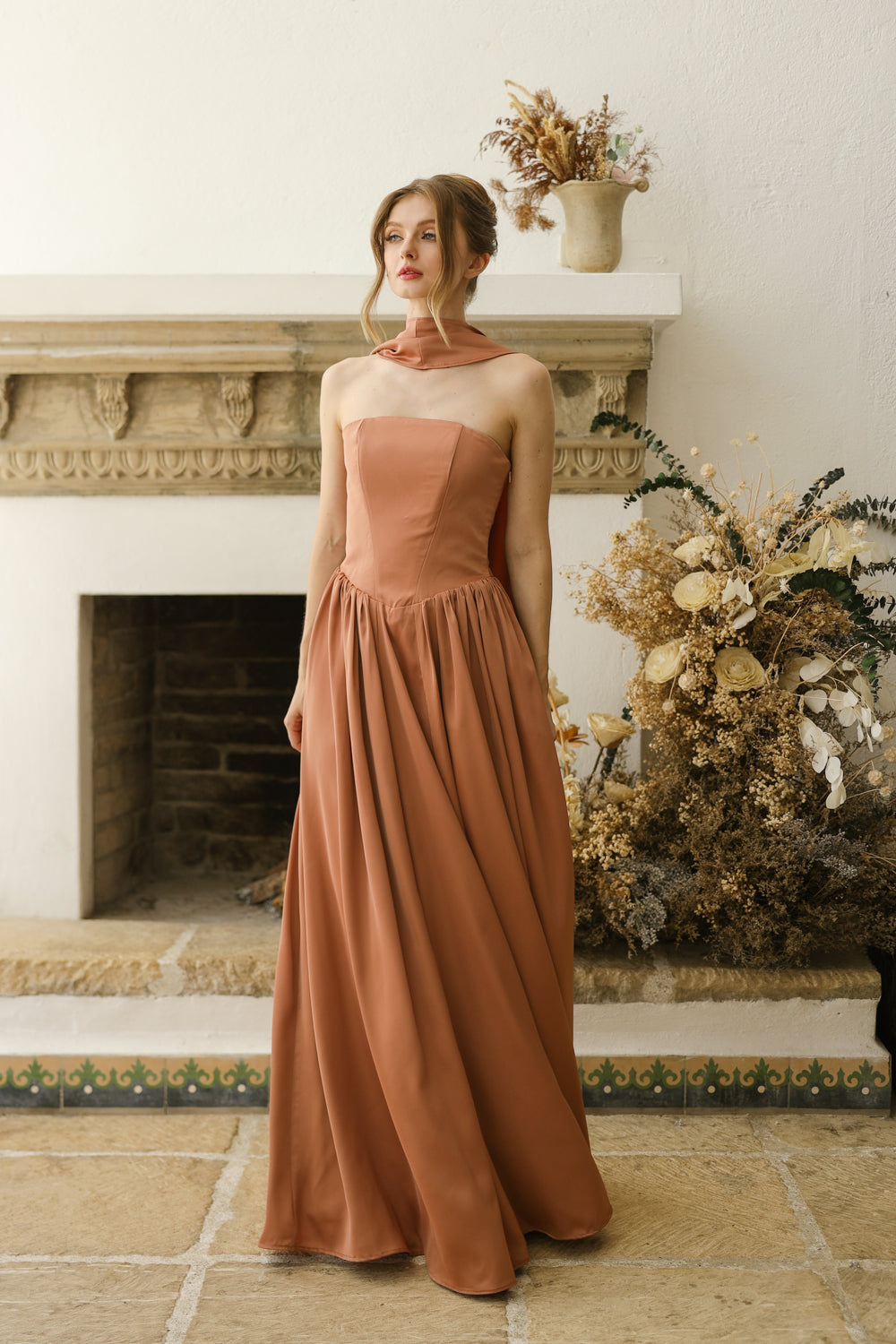 CLEO Strapless Drop Waist Maxi with Covered Button Back Detail and Sash Neckpiece (Light Brown Korean Silk) SAME DAY DELIVERY - SMALL