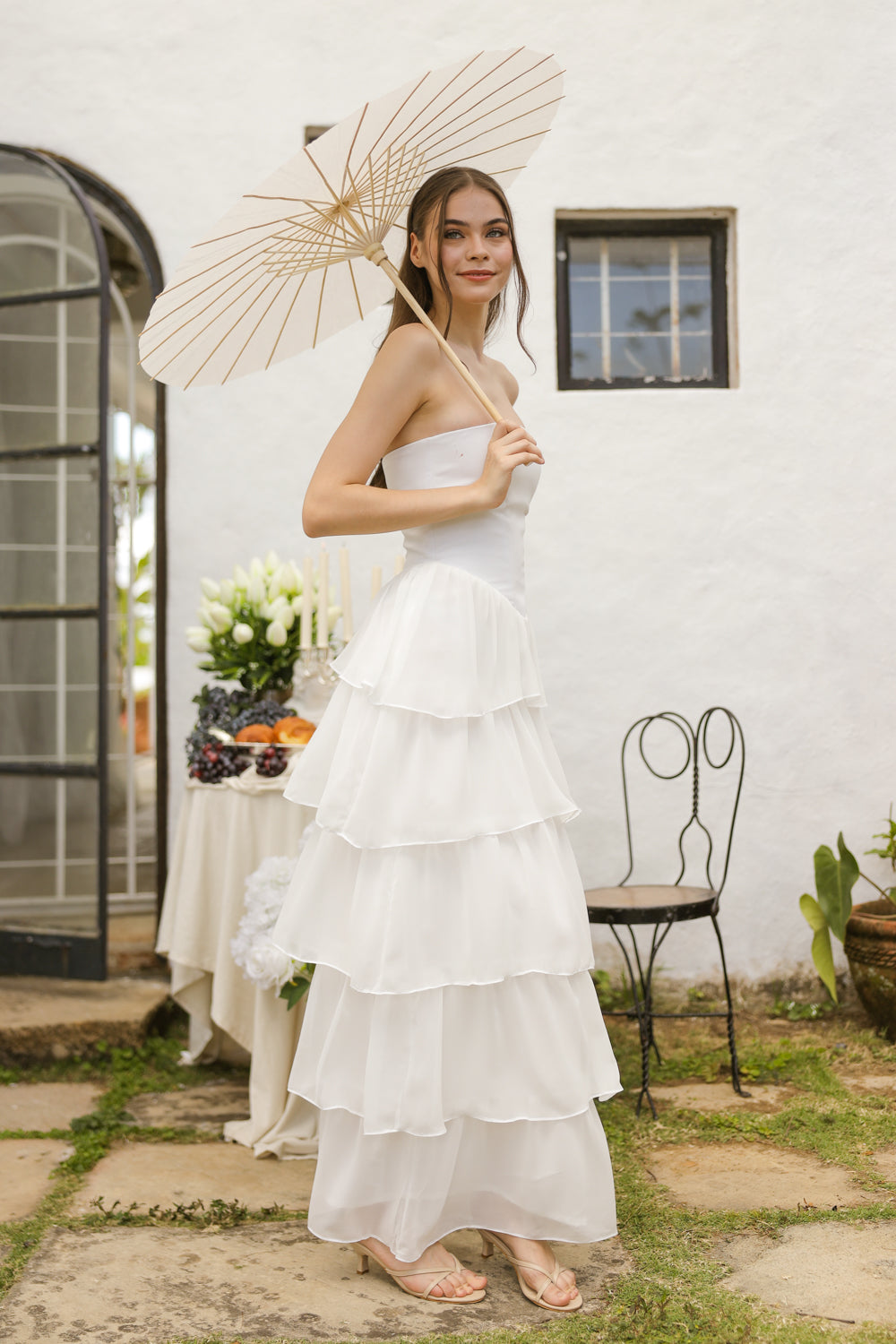 AURORA Strapless Drop Waist Maxi Dress with Layered Skirt (Ivory White Chiffon)