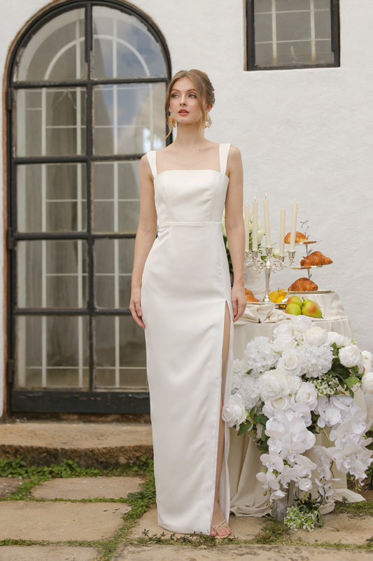 MANUELA Strappy Straight Cut Maxi with Slit (White SIlk Crepe)