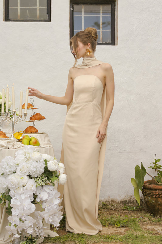 AMARA Curve Neckline Straight Cut Maxi with Sash Neckpiece (Nude Korean Silk)