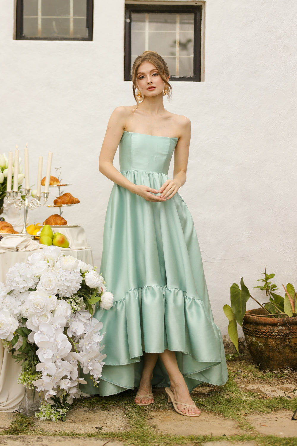 MADELEINE Strapless High Low Gown with Ruffle Hem (Sage Green Gazaar) Zoo Label MADELEINE Strapless High Low Gown with Ruffle Hem (Sage Green Gazaar) Zoo Label