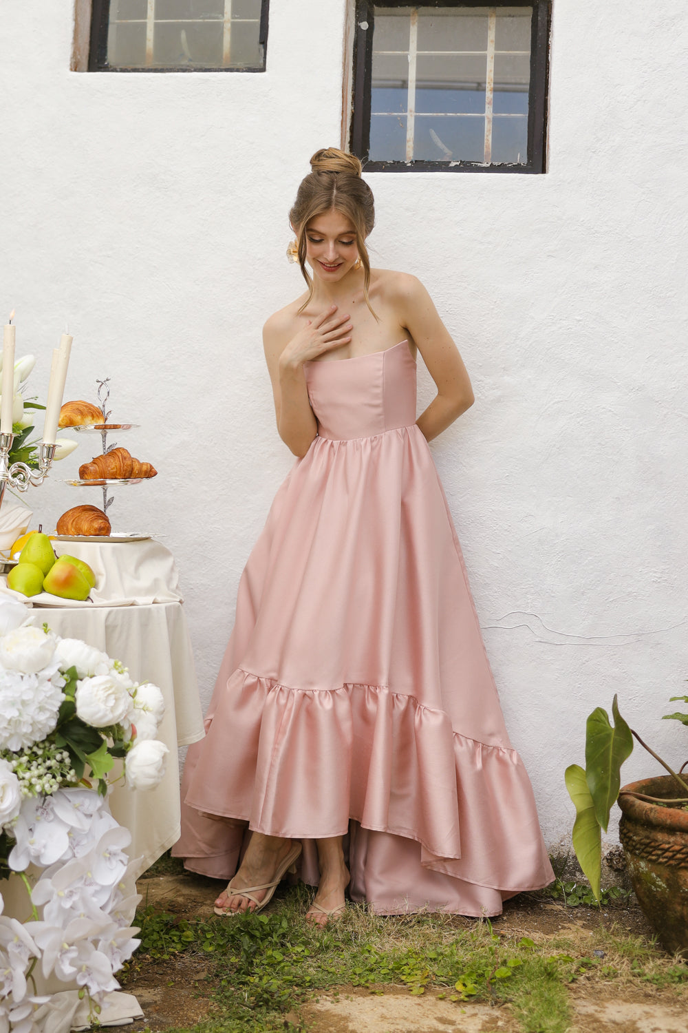 MADELEINE Strapless High Low Gown with Ruffle Hem (Blush Gazaar)