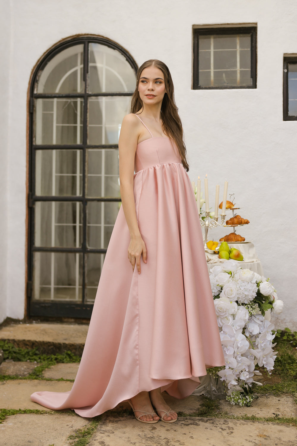 EULALIA Strappy High Low Gown with Covered Button Detail at the Back (Blush Gazaar) SAME DAY DELIVERY - SMALL