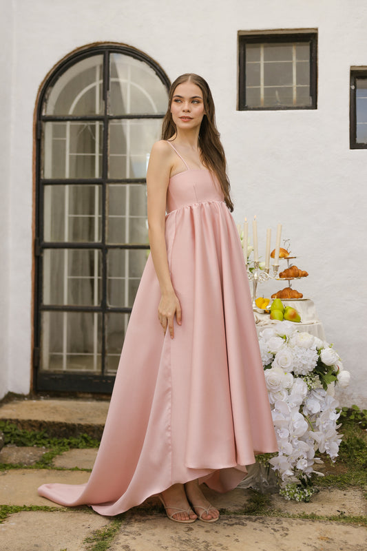 EULALIA Strappy High Low Gown with Covered Button Detail at the Back (Blush Gazaar)