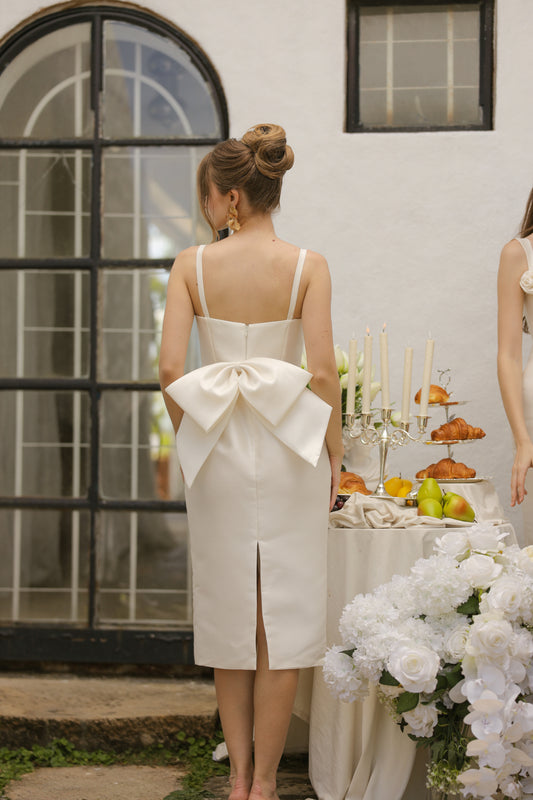 SLOANE Strappy Midi Dress with Bow Back (Ivory Gazaar)