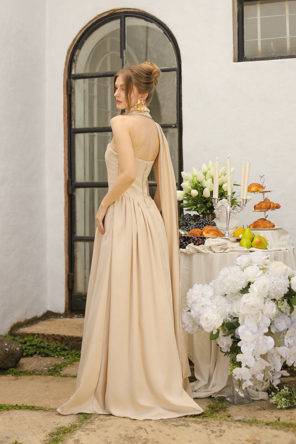CLEO Strapless Drop Waist Maxi with Covered Button Back Detail and Sash Neckpiece (Nude Korean Silk)