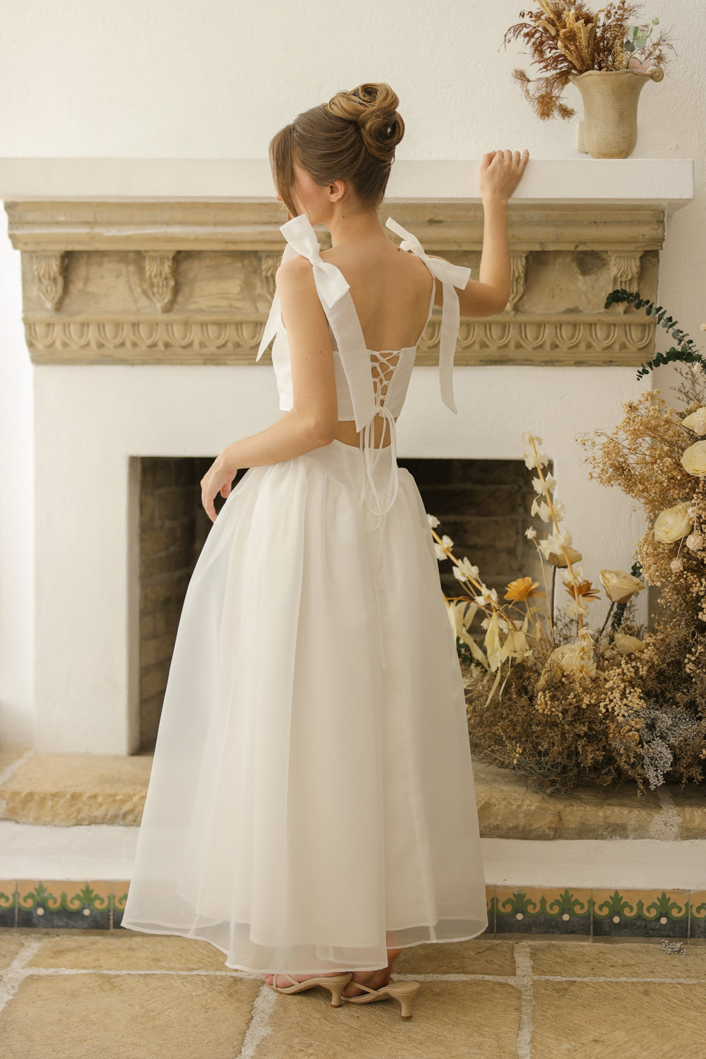 DOMIKA Sleeveless Bow Midi Dress with Drop Waist Shirred Skirt (Ivory White Matte Organdy) SAME DAY DELIVERY - SMALL