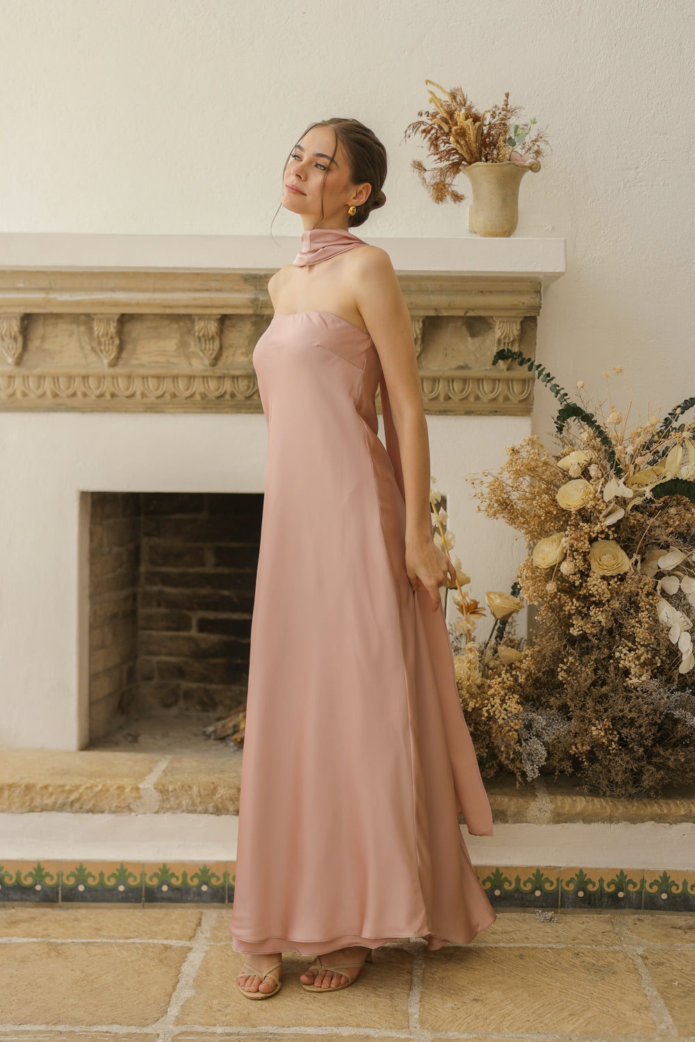 SELENA Strapless Flowy Maxi with Sash Neckpiece (Blush Charmeuse Silk)