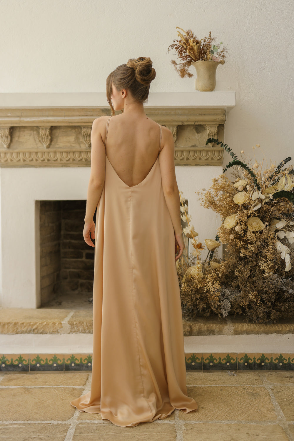 FLORA Flowy Maxi with Floral Detail on Neckline (Nude Crepe Charmeuse Silk) (Copy)