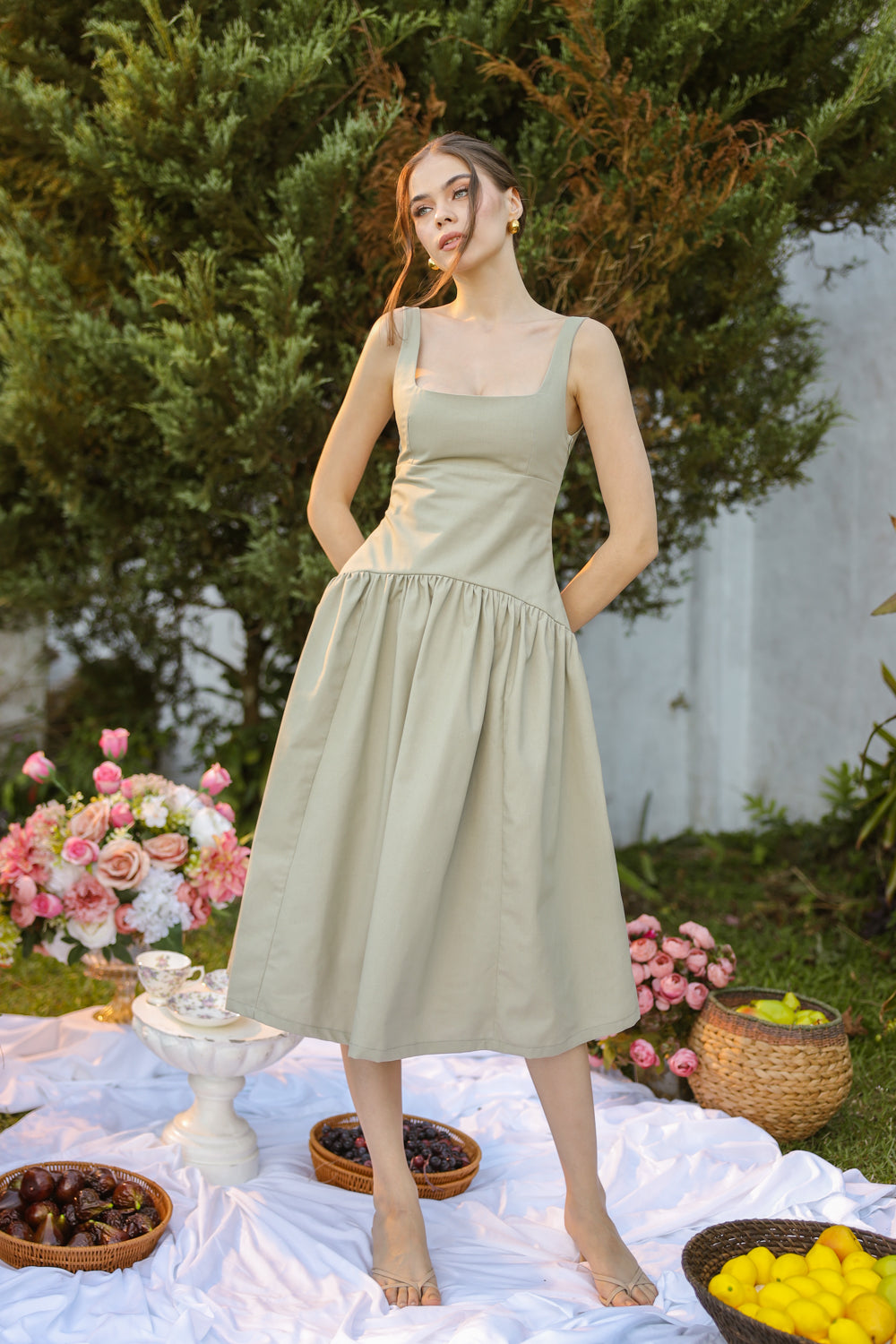 MARINA Sleeveless Scoop Back Midi Dress with Drop Waist Shirred Skirt (Sage Green Linen Blend)