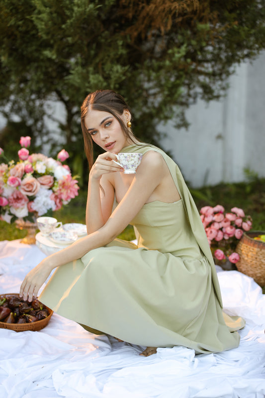 ELODIE Strapless Drop Waist Midi Dress with Sash Neckpiece (Sage Green Linen Blend)