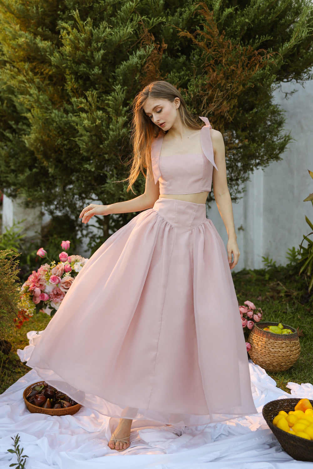 DOMIKA Sleeveless Bow Midi Dress with Drop Waist Shirred Skirt (Old Rose Matte Organdy)