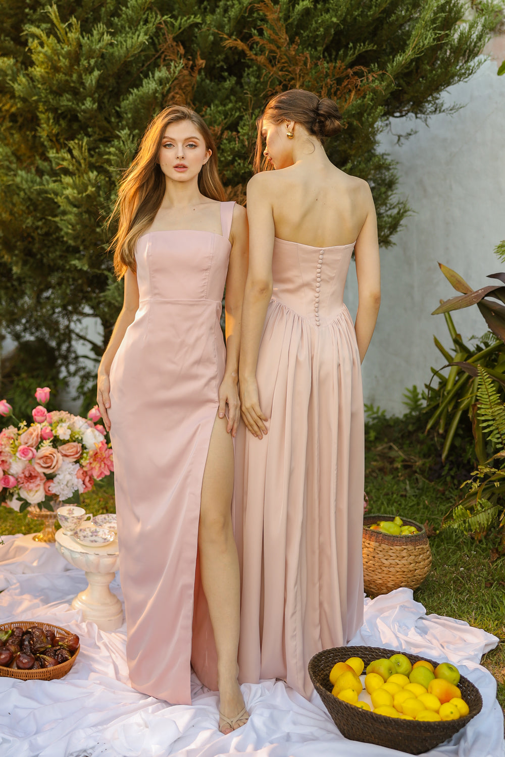 CLEO Strapless Drop Waist Maxi with Covered Button Back Detail and Sash Neckpiece (Soft Pink Korean Silk)