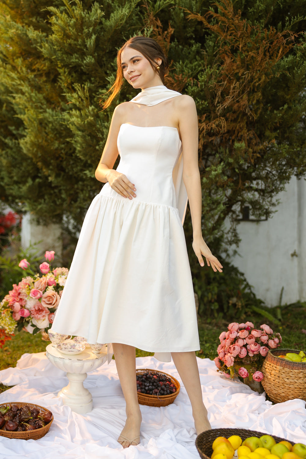 ELODIE Strapless Drop Waist Midi Dress with Sash Neckpiece (White Linen Blend)