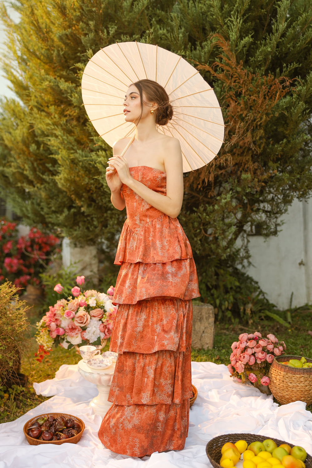 AURORA Strapless Drop Waist Maxi Dress with Layered Skirt (Rust Floral Silk)