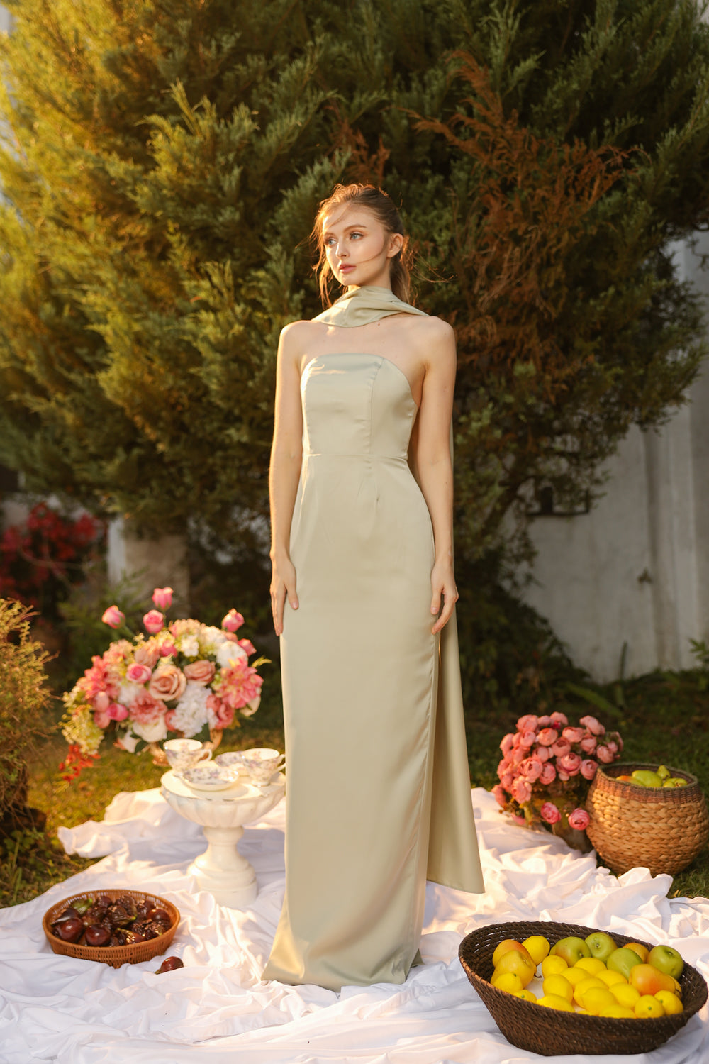 AMARA Curve Neckline Straight Cut Maxi with Sash Neckpiece (Sage Green Korean Silk)