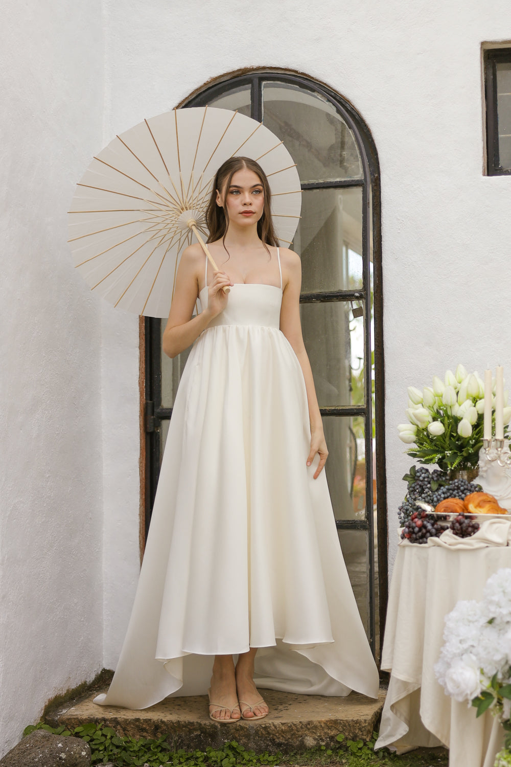 EULALIA Strappy High Low Gown with Covered Button Detail at the Back (Ivory White Gazaar) SAME DAY DELIVERY - SMALL