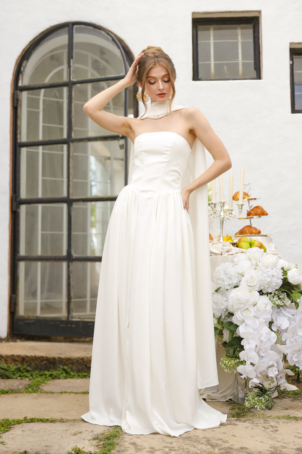 CLEO Strapless Drop Waist Maxi with Covered Button Back Detail and Sash Neckpiece (White Korean Silk) SAME DAY DELIVERY - SMALL