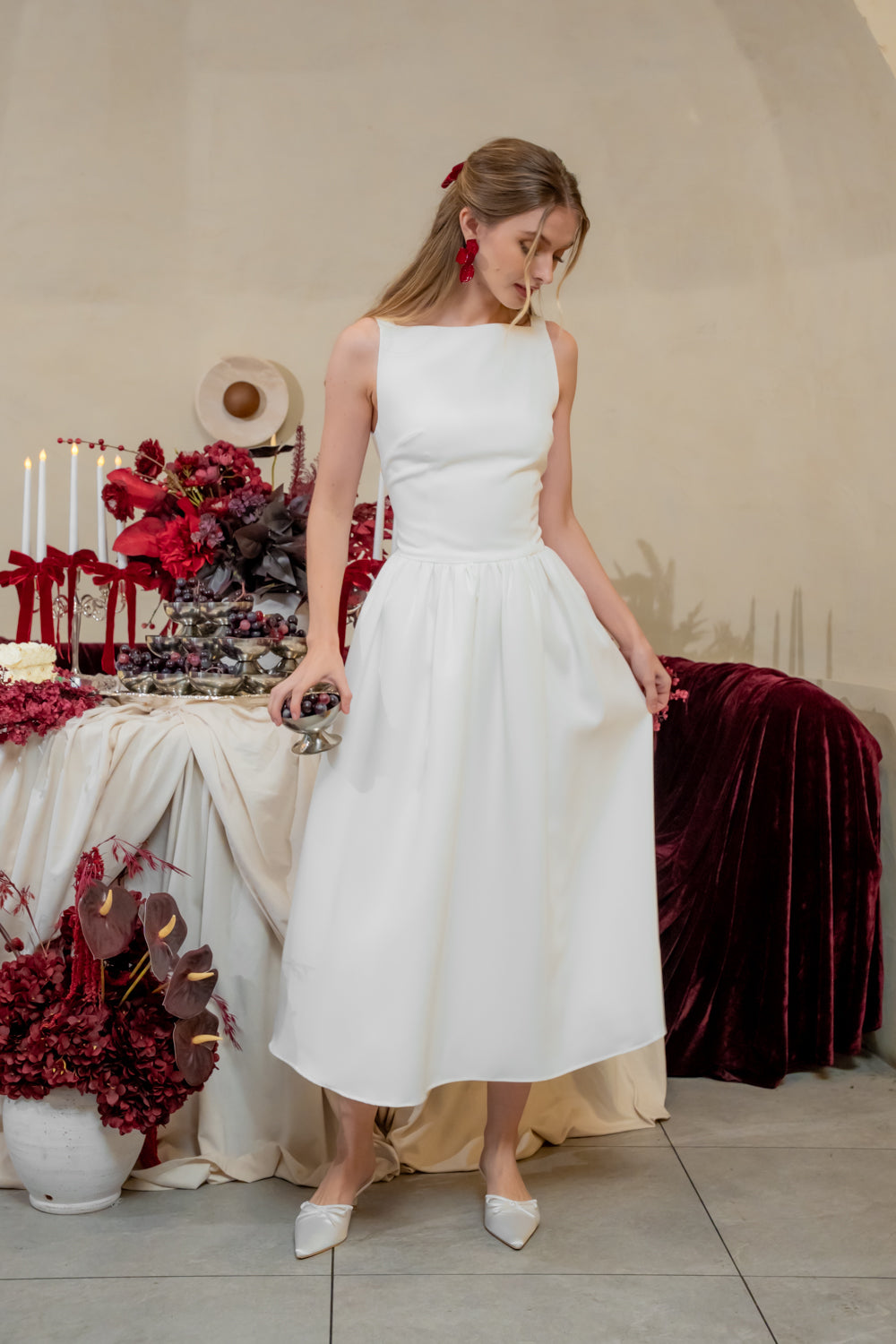 ROSINE DRESS Sleeveless Boat Neck Midi Dress (White Neocrepe)