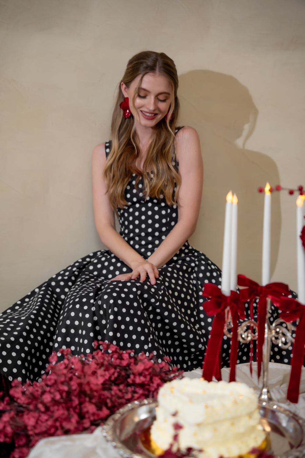 ARABELLA DRESS Sleeveless Midi Dress with Shirred Side Skirt (Polkadot)