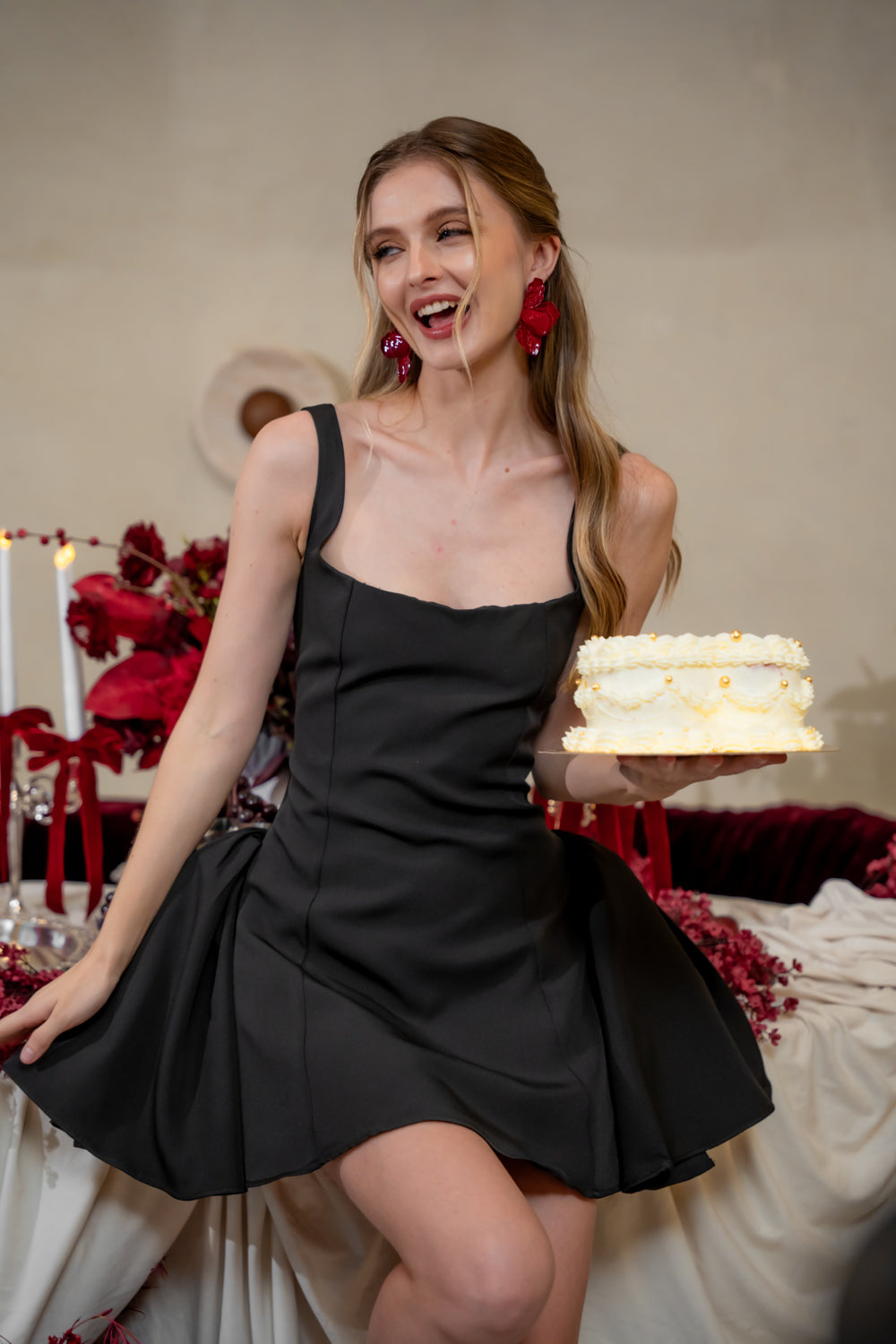 AMAYA DRESS Sleeveless Mini Dress with Shirred Side Skirt (Black Neocrepe)