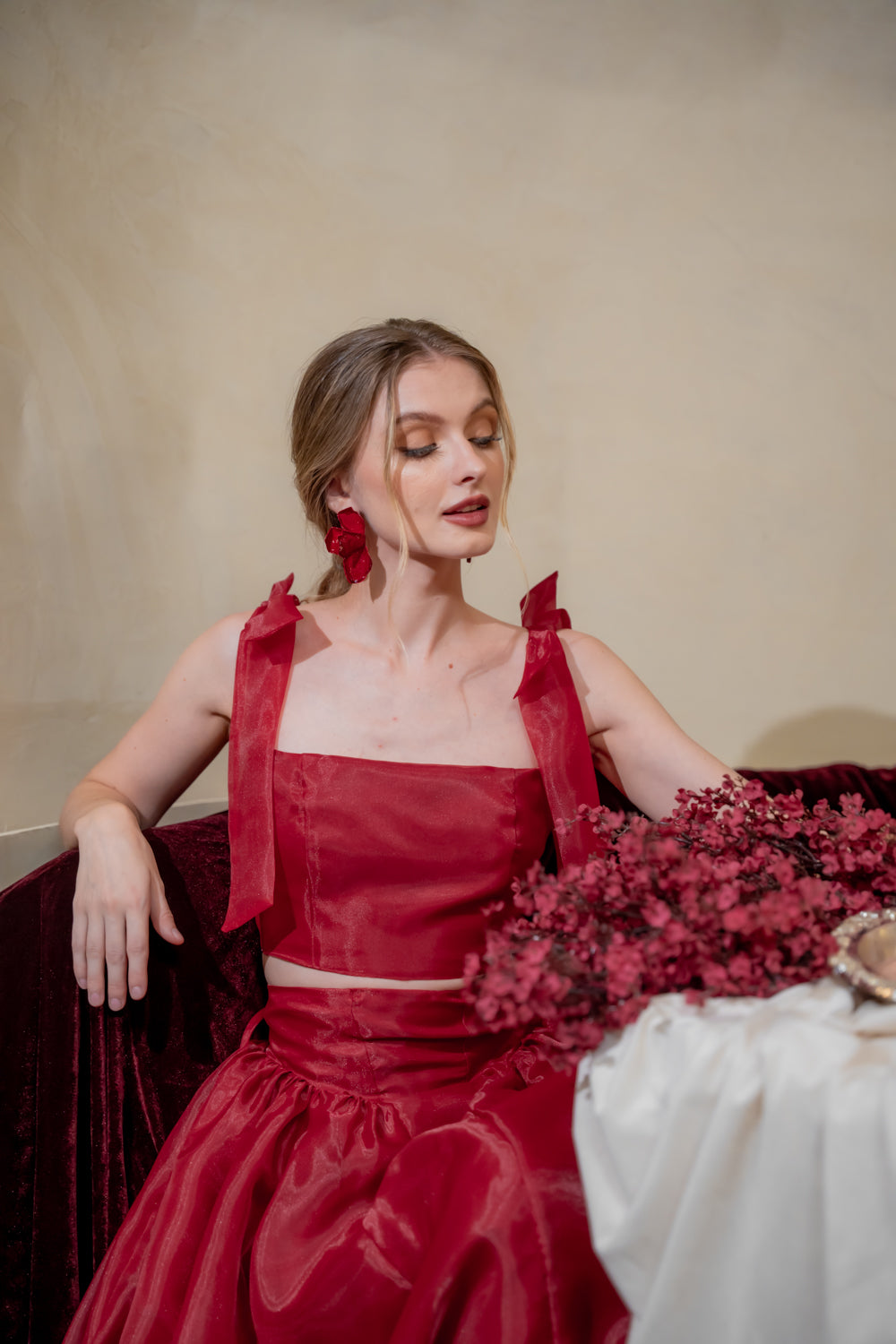 DOMIKA Sleeveless Bow Midi Dress with Drop Waist Shirred Skirt (Maroon Cloud Organdy)