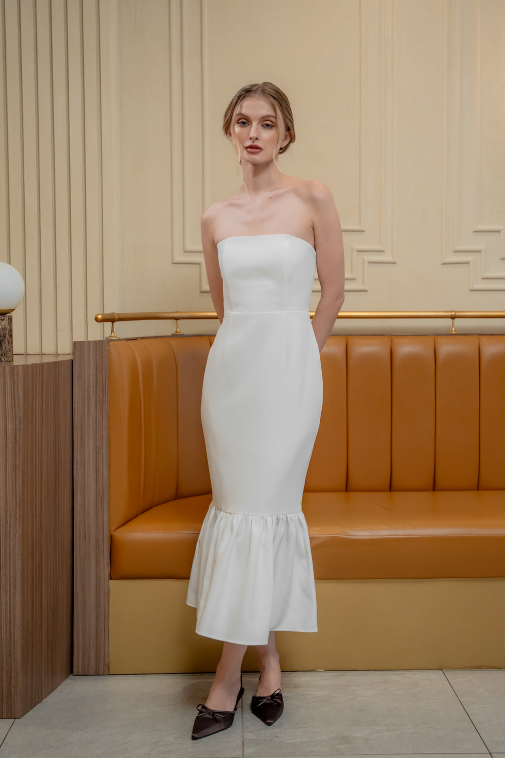 AMANDINE DRESS Strapless Midi Dress with Ruffle Hem (White Neocrepe)