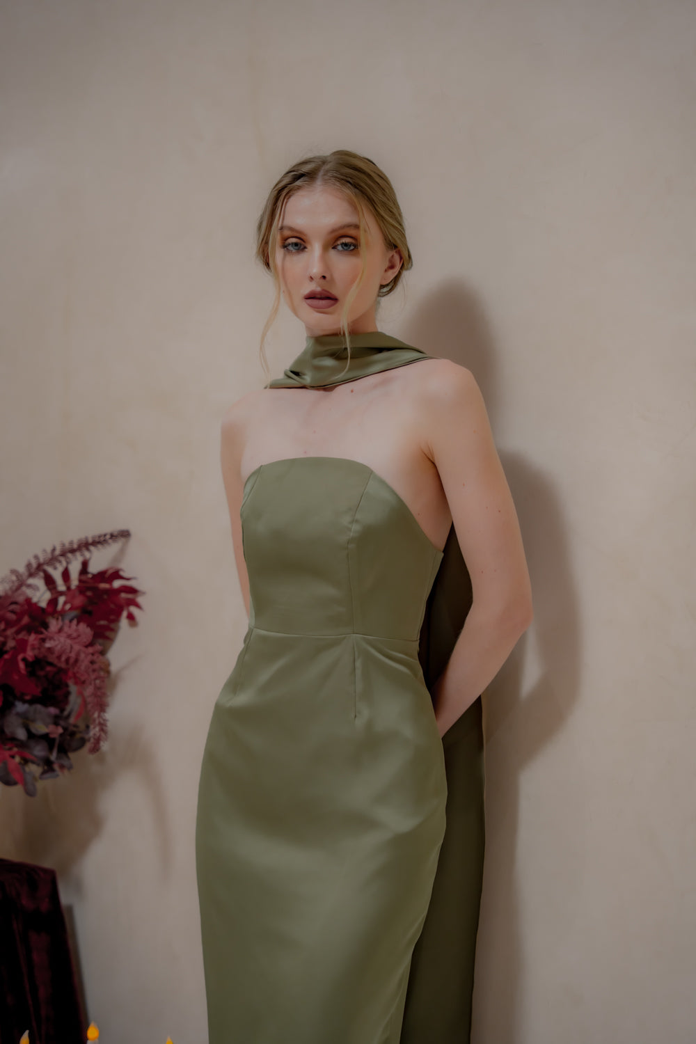 AMARA Curve Neckline Straight Cut Maxi with Sash Neckpiece (Dark Olive Korean Silk)