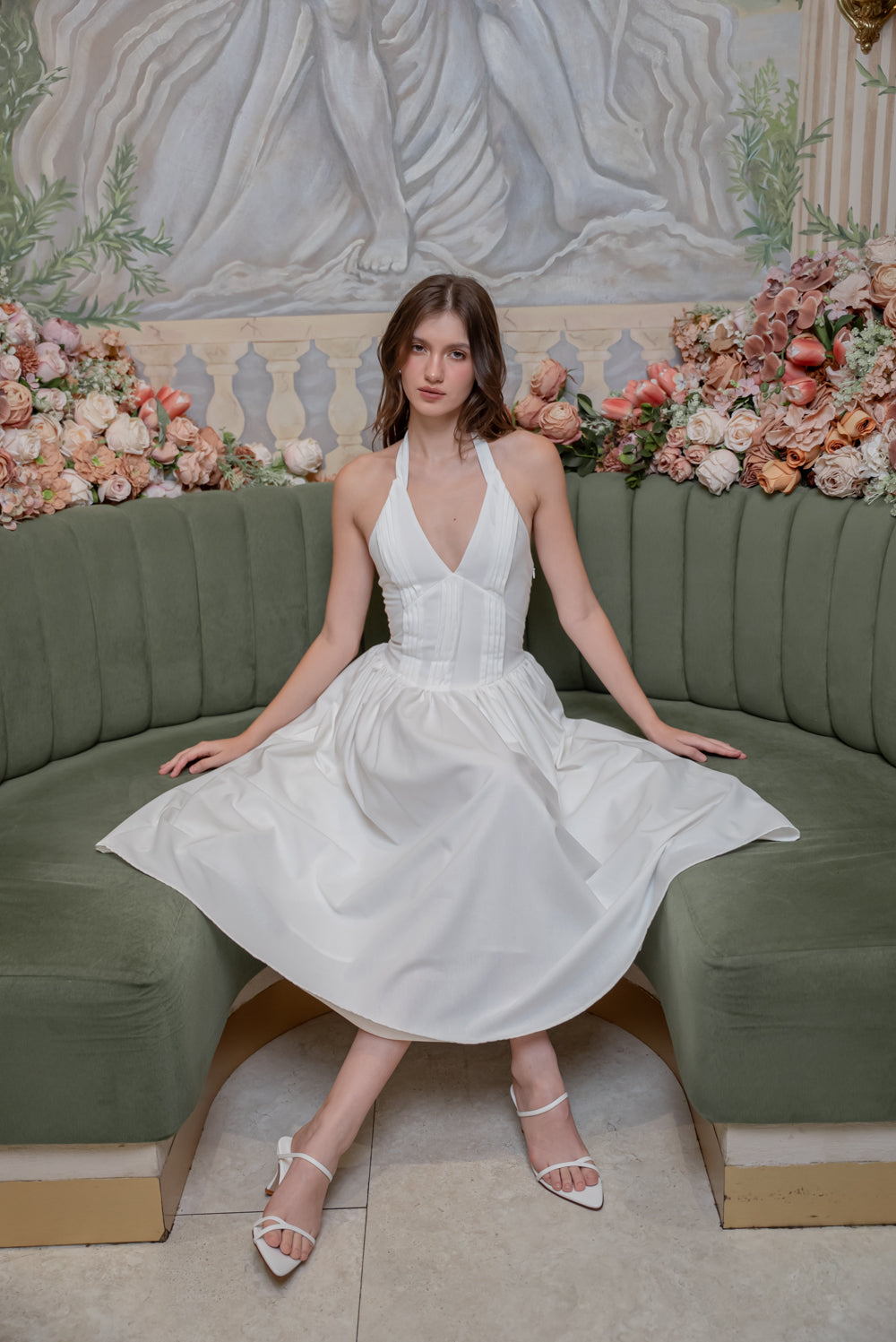 SAME DAY PICK UP - SOLENE Halter Pleated Midi Dress (White Linen)