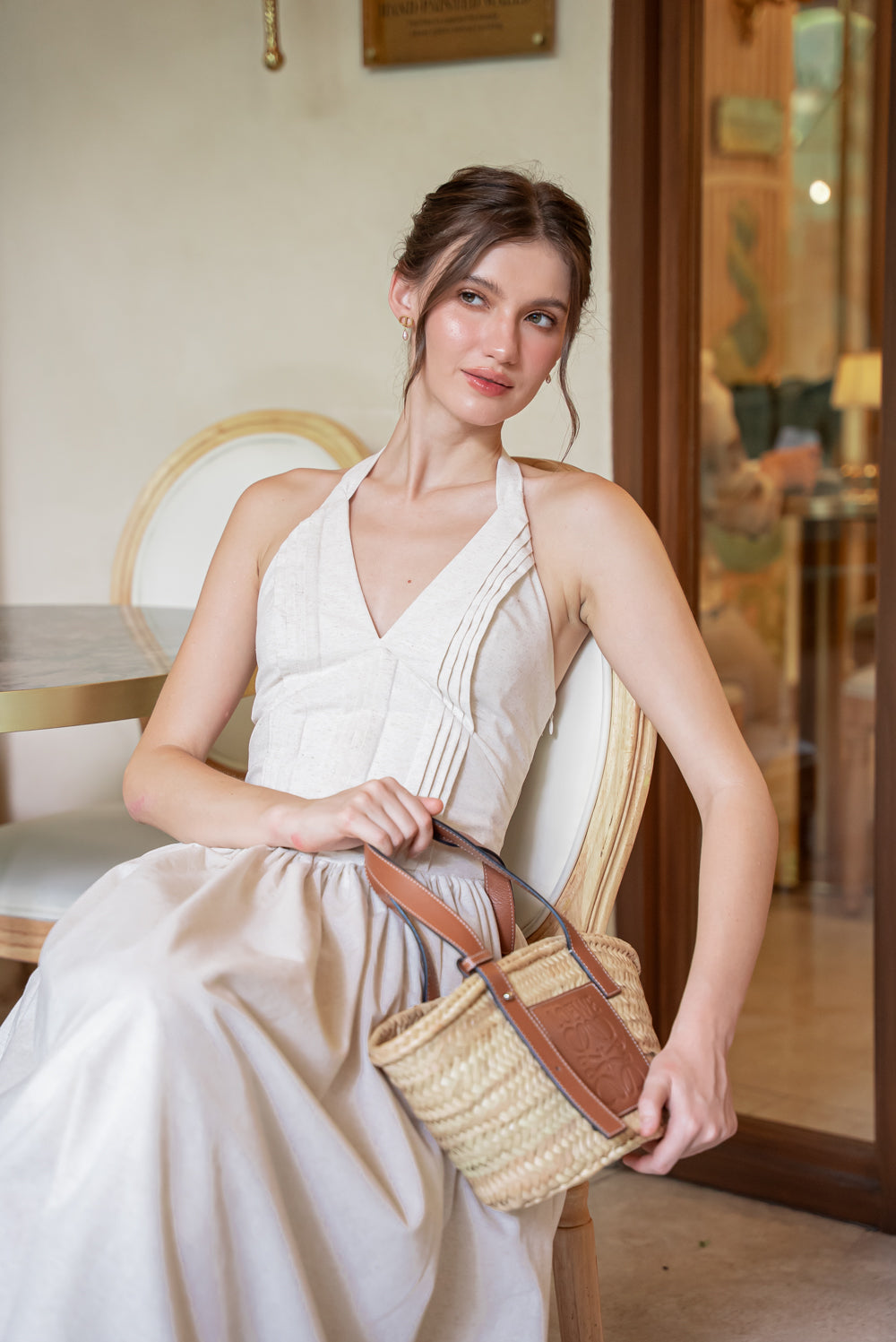 SAME DAY PICK UP - SOLENE Halter Pleated Midi Dress (Tropical Linen Nude)