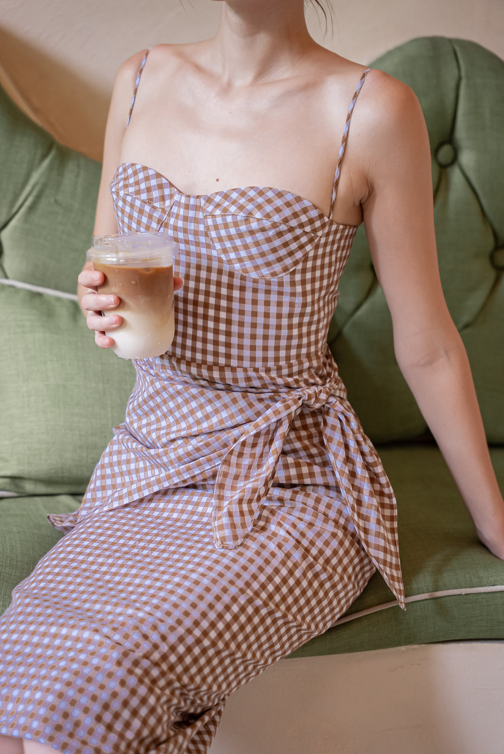 PILAR Strappy Pencil Skirt Midi Dress with Scarf (Gingham Olive Green Cotton)