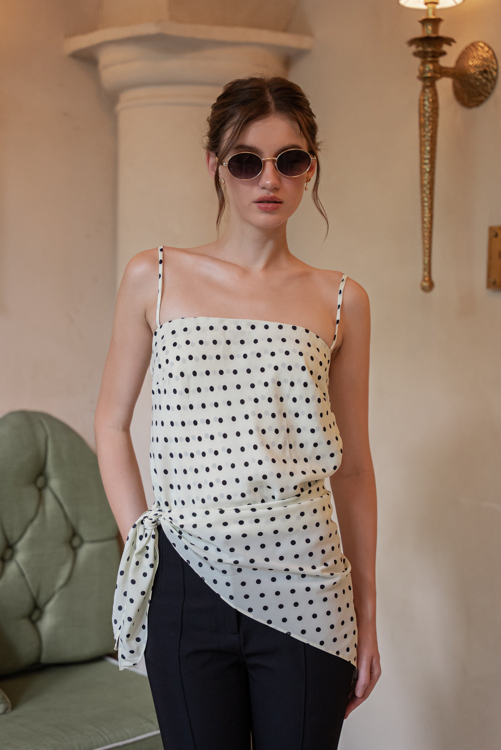 BELLINA Scarf Top Set (Cream Polkadot Silk)