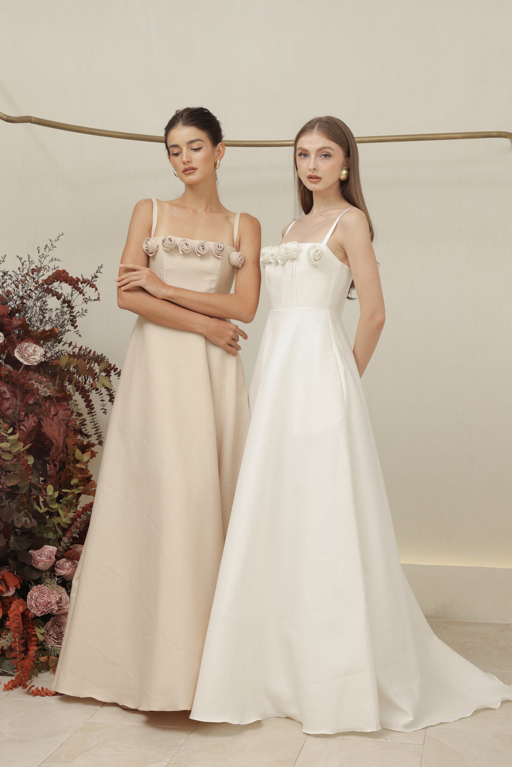 MARCELINE DRESS Straight Neckline Strappy Maxi Gown with Floral Details and Pockets (Ivory White Gazaar)