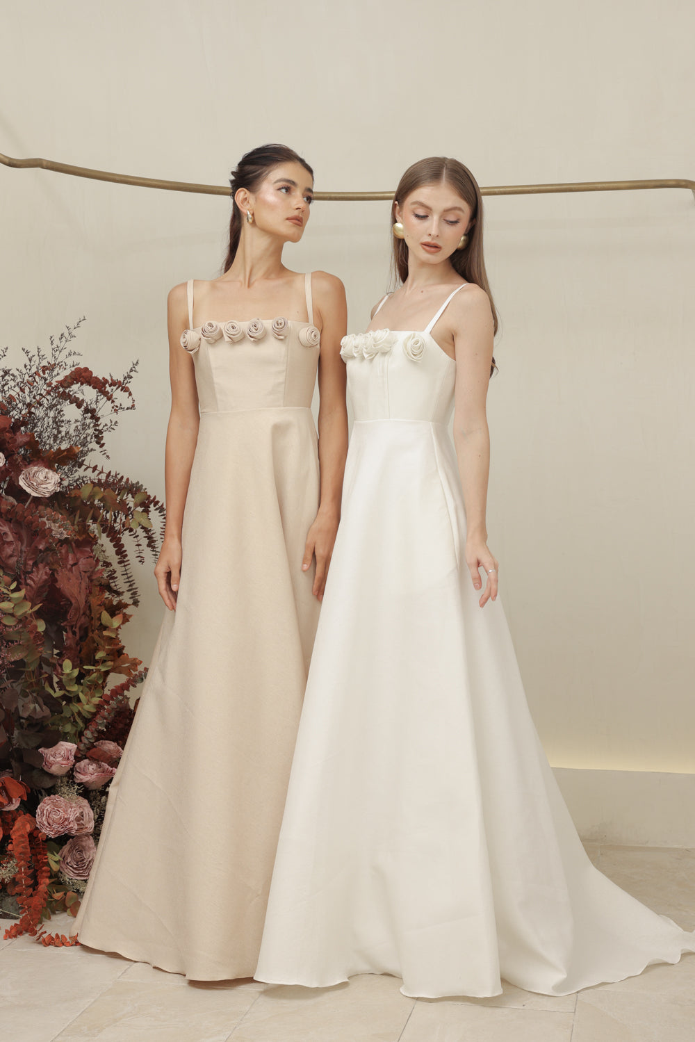 MARCELINE DRESS Straight Neckline Strappy Maxi Gown with Floral Details and Pockets (Ivory White Gazaar)