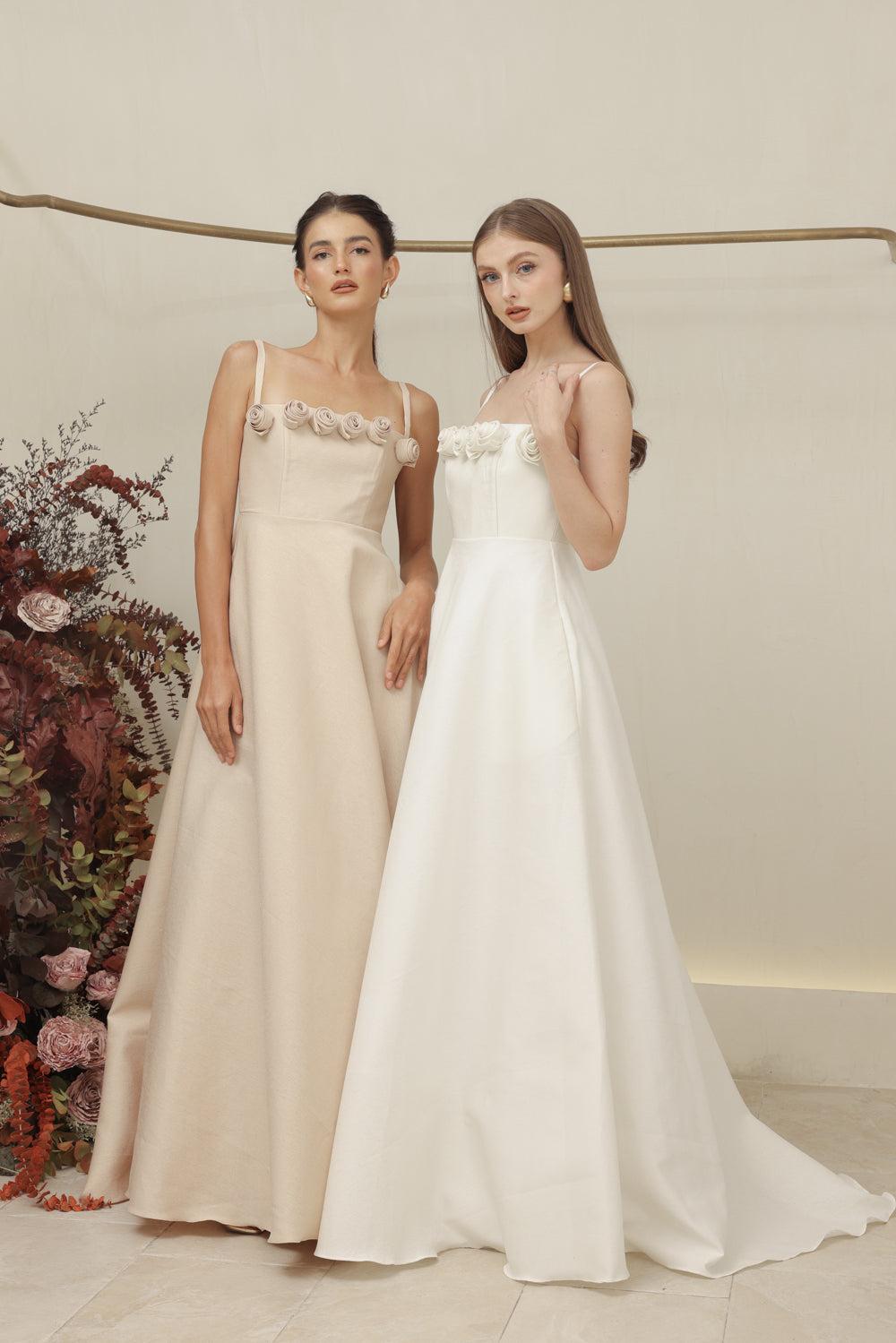 MARCELINE DRESS Straight Neckline Strappy Maxi Gown with Floral Details and Pockets (Ivory White Gazaar)