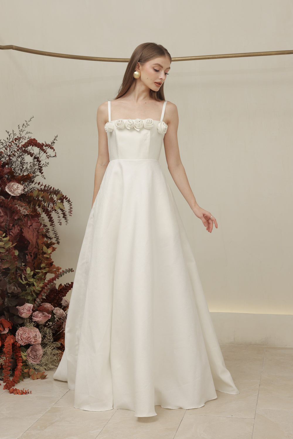 MARCELINE DRESS Straight Neckline Strappy Maxi Gown with Floral Details and Pockets (Ivory White Gazaar)