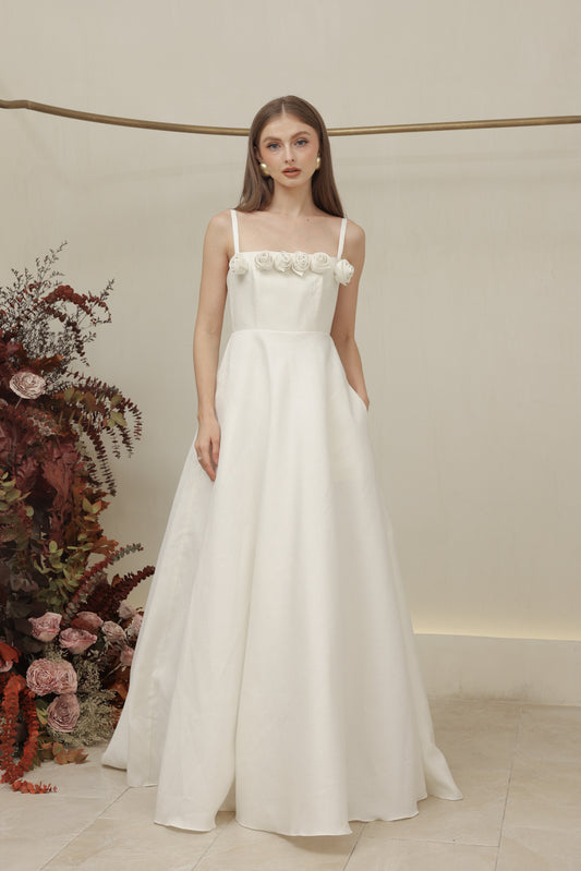 MARCELINE DRESS Straight Neckline Strappy Maxi Gown with Floral Details and Pockets (Ivory White Gazaar)