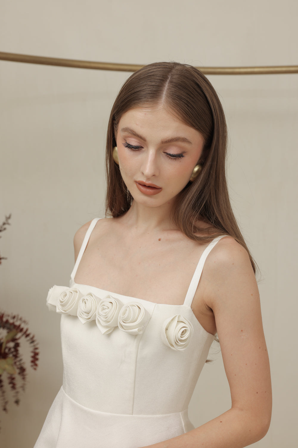 MARCELINE DRESS Straight Neckline Strappy Maxi Gown with Floral Details and Pockets (Ivory White Gazaar)