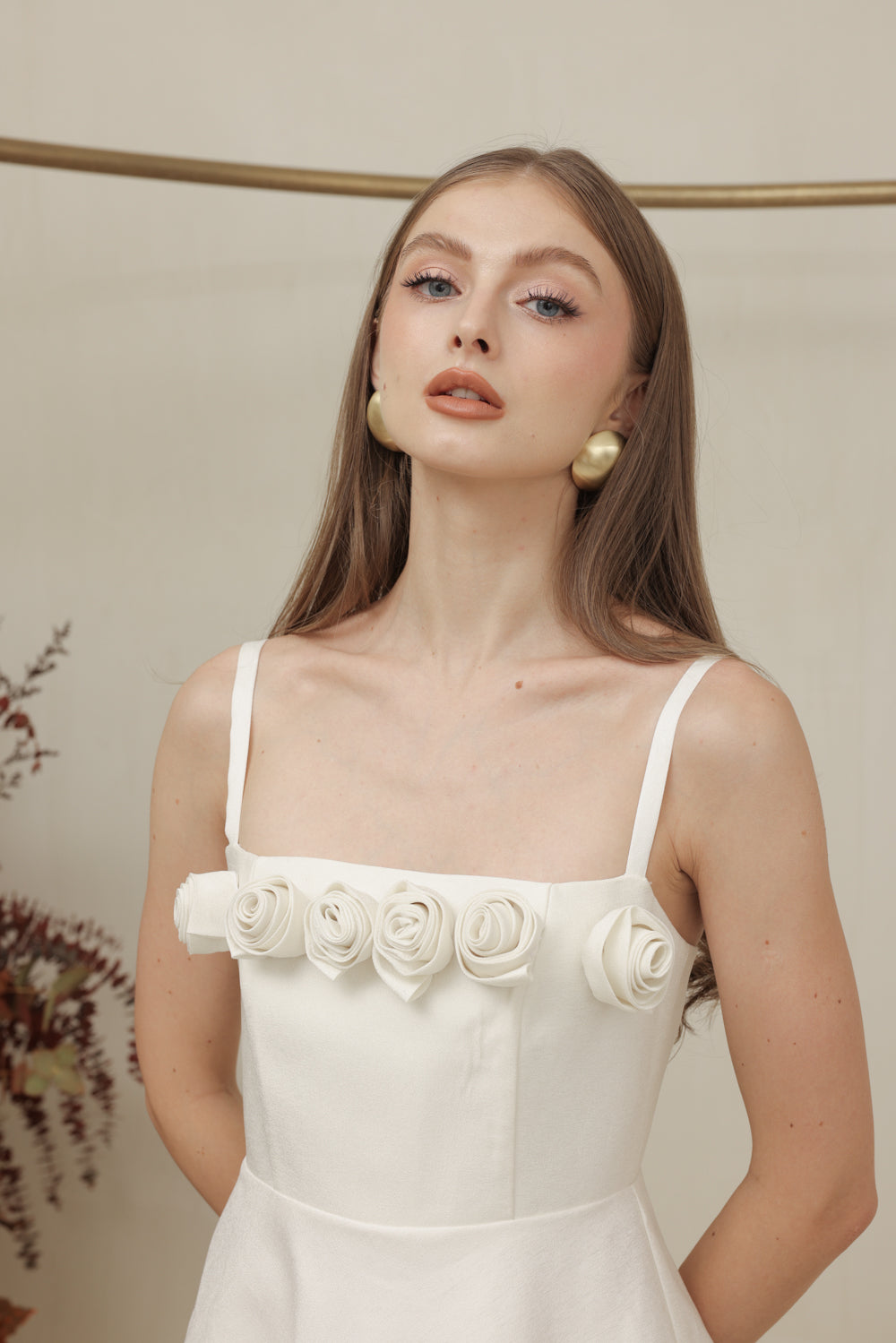 MARCELINE DRESS Straight Neckline Strappy Maxi Gown with Floral Details and Pockets (Ivory White Gazaar)