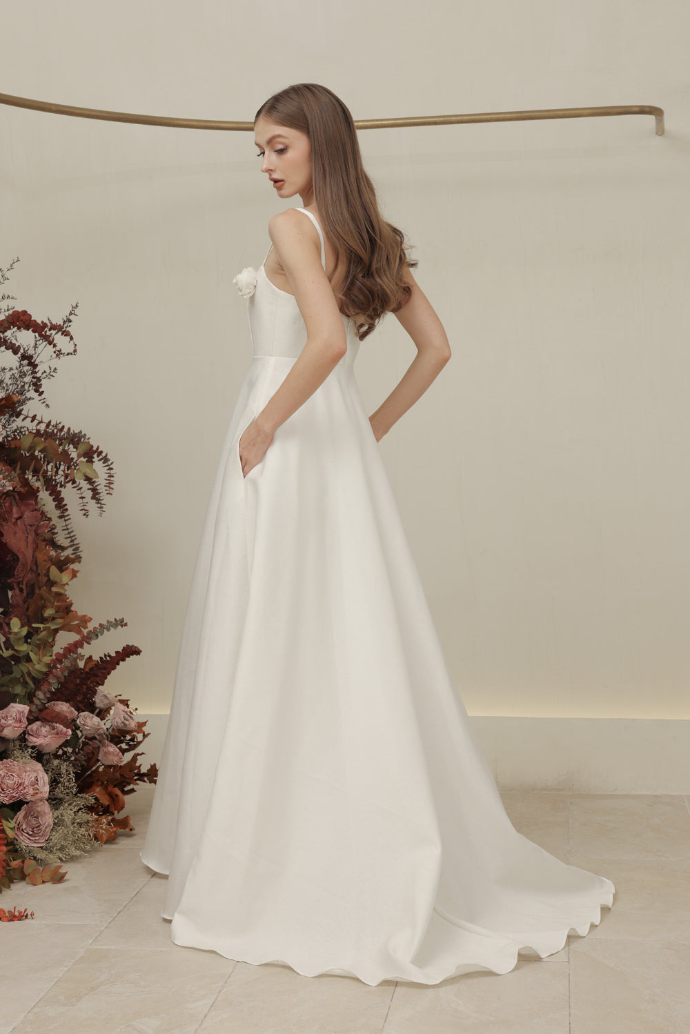 MARCELINE DRESS Straight Neckline Strappy Maxi Gown with Floral Details and Pockets (Ivory White Gazaar)