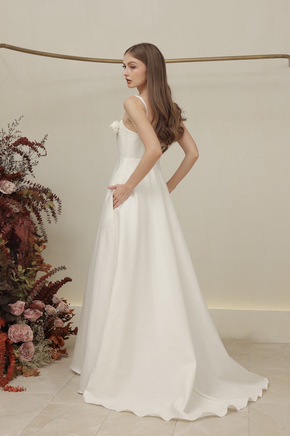 MARCELINE DRESS Straight Neckline Strappy Maxi Gown with Floral Details and Pockets (Ivory White Gazaar)
