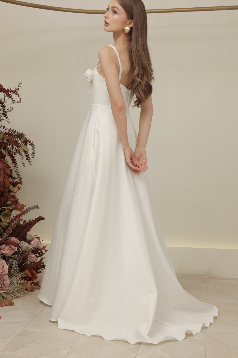 MARCELINE DRESS Straight Neckline Strappy Maxi Gown with Floral Details and Pockets (Ivory White Gazaar)