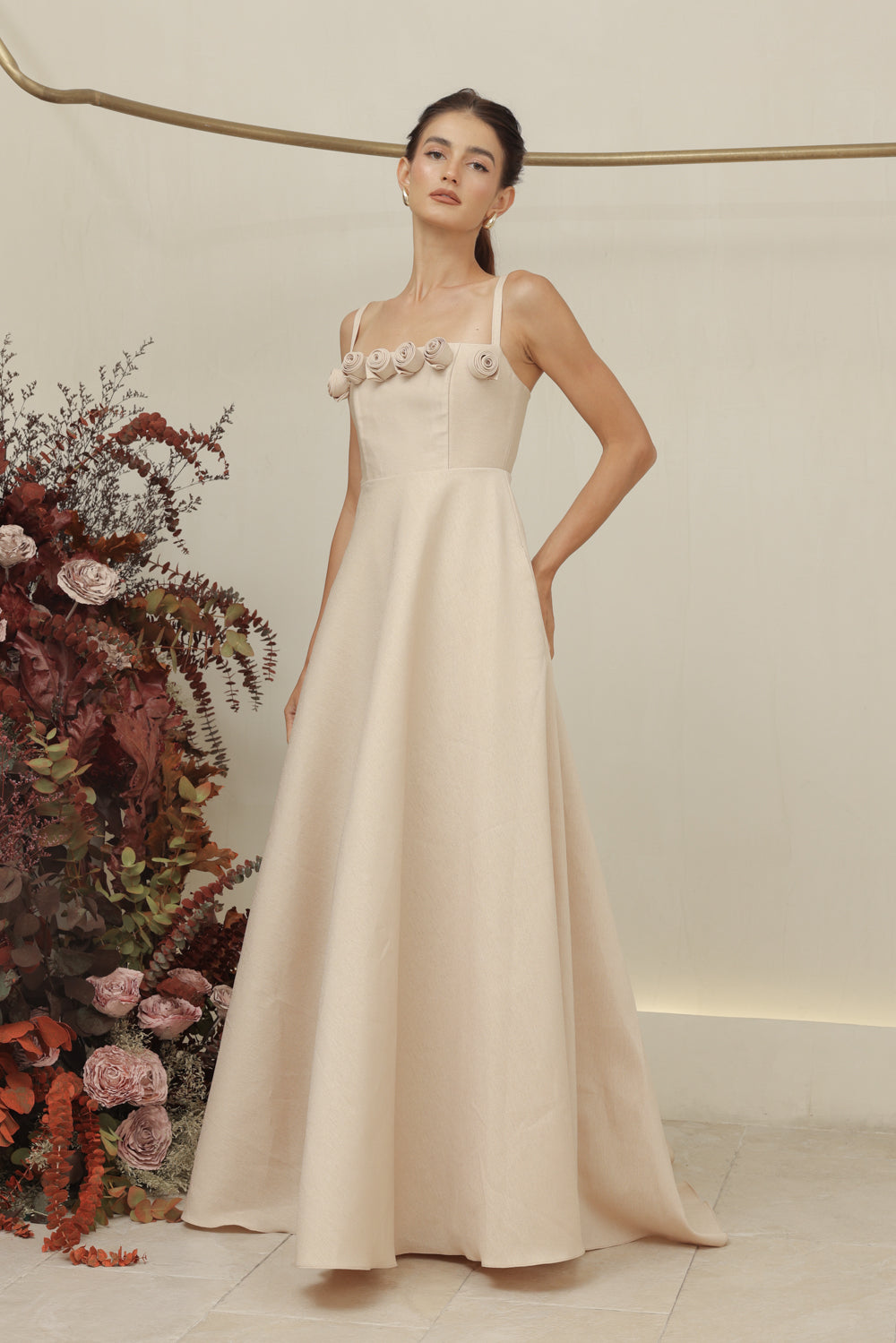 MARCELINE DRESS Straight Neckline Strappy Maxi Gown with Floral Details and Pockets (Nude Gazaar)