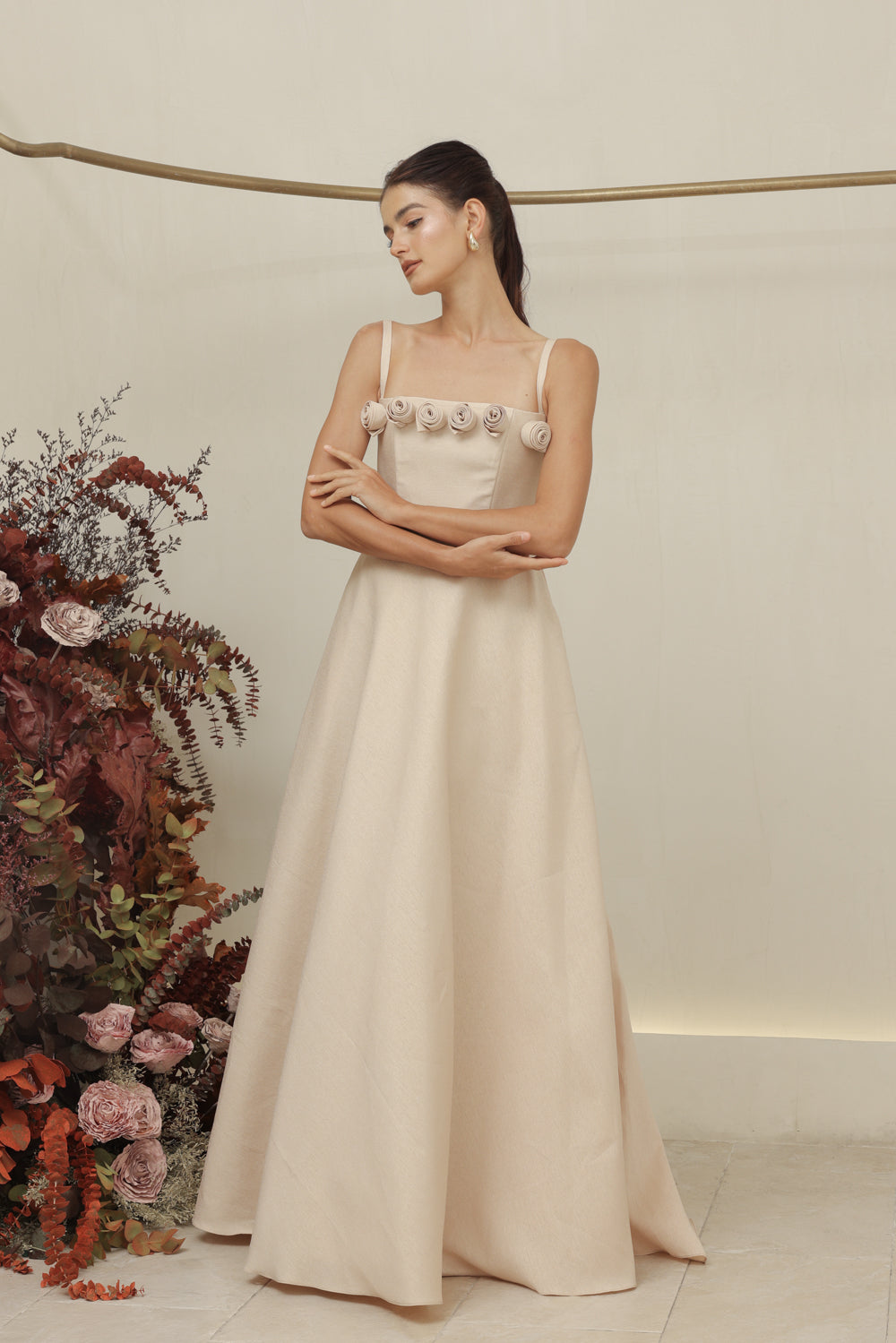 MARCELINE DRESS Straight Neckline Strappy Maxi Gown with Floral Details and Pockets (Nude Gazaar)
