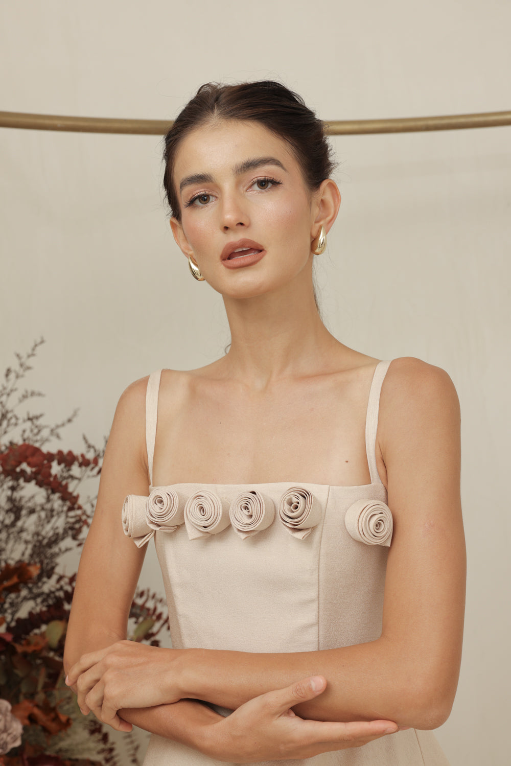 MARCELINE DRESS Straight Neckline Strappy Maxi Gown with Floral Details and Pockets (Nude Gazaar)