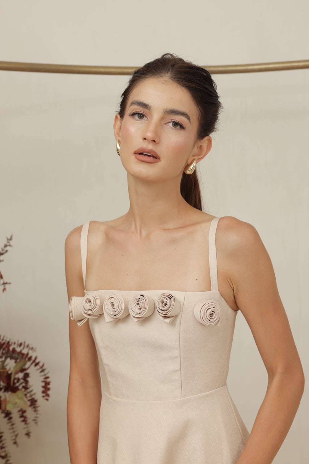 MARCELINE DRESS Straight Neckline Strappy Maxi Gown with Floral Details and Pockets (Nude Gazaar)