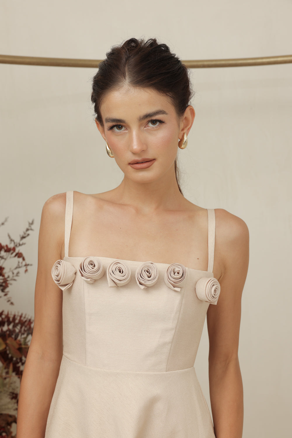 MARCELINE DRESS Straight Neckline Strappy Maxi Gown with Floral Details and Pockets (Nude Gazaar)