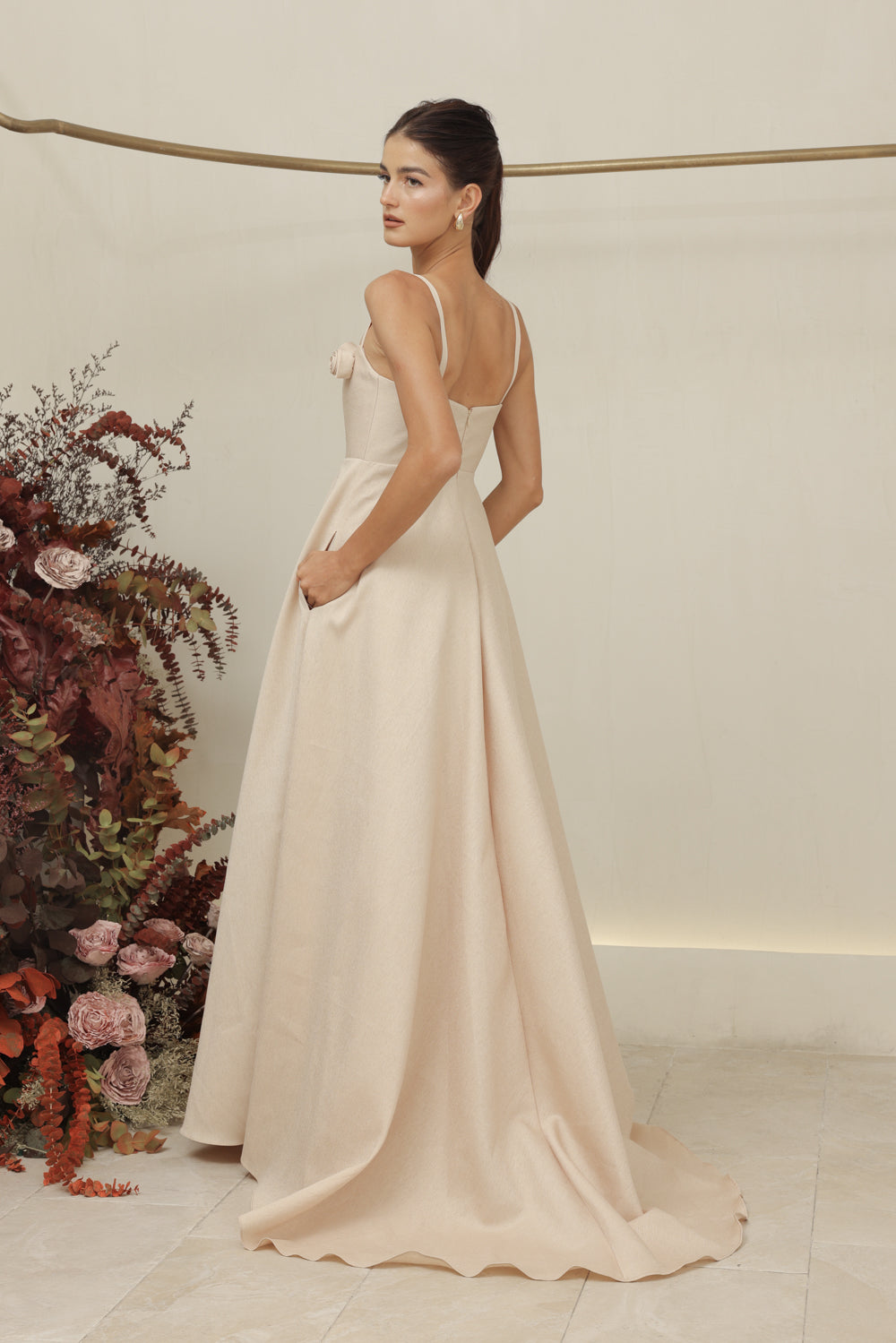 MARCELINE DRESS Straight Neckline Strappy Maxi Gown with Floral Details and Pockets (Nude Gazaar)