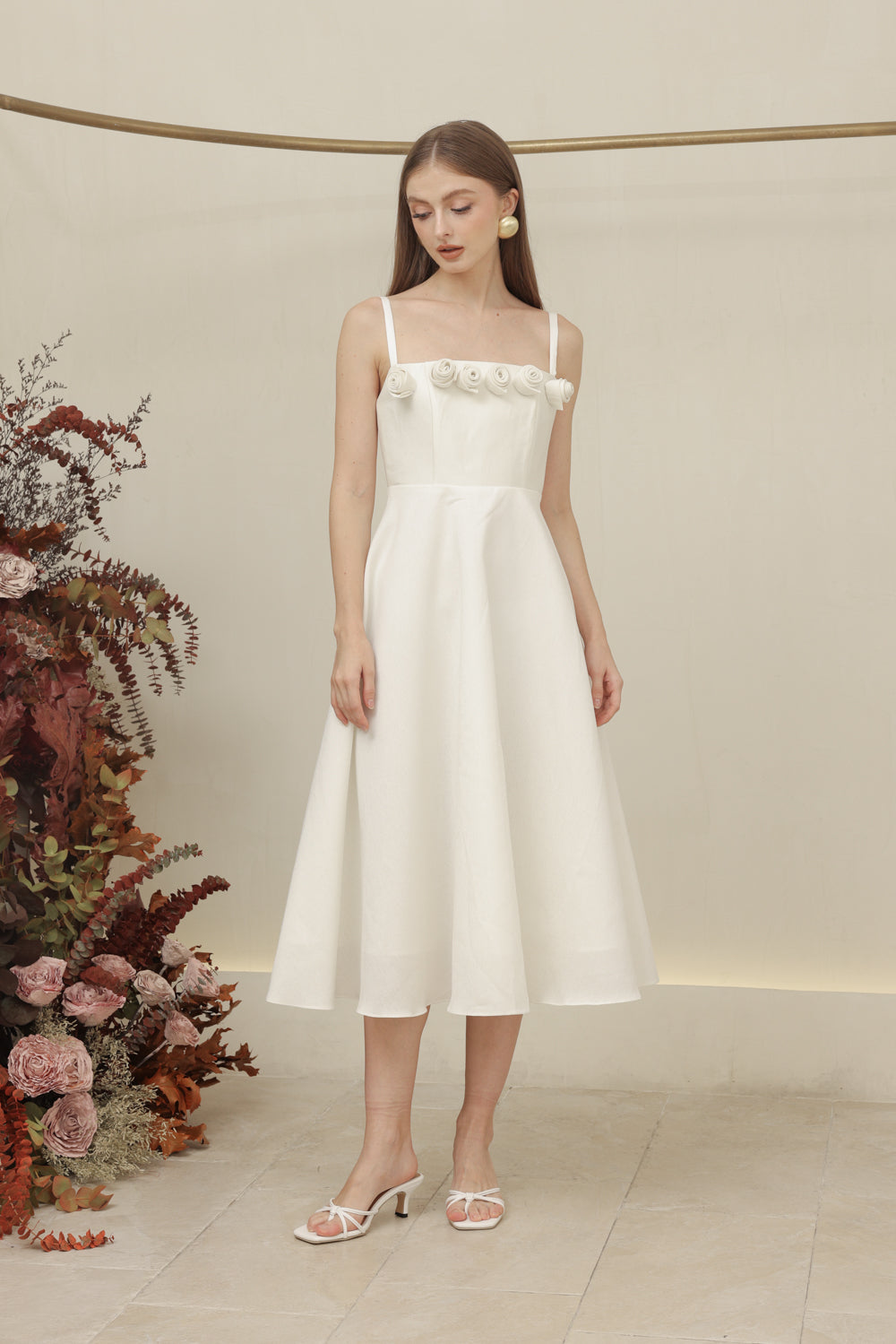 MORGANA DRESS Straight Neckline Strappy Midi Dress with Floral Details (Ivory White Gazaar)