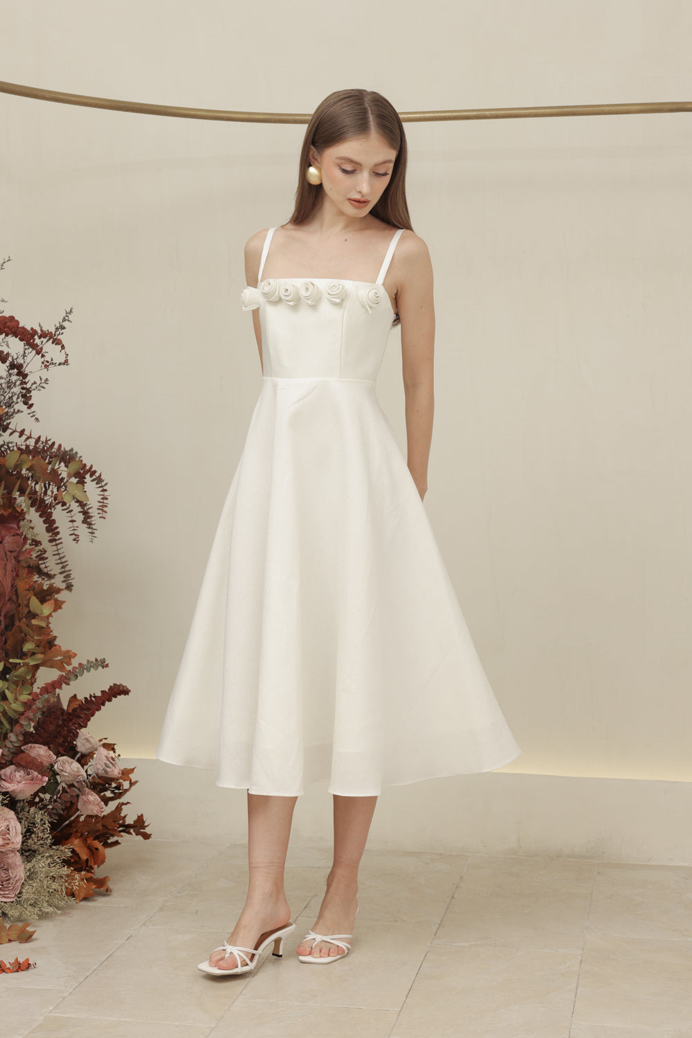 MORGANA DRESS Straight Neckline Strappy Midi Dress with Floral Details (Ivory White Gazaar)